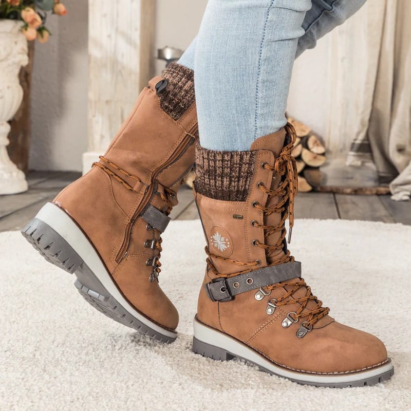 🎁Winter Sale 60% OFF - Only This Week❄️ WOMEN BUCKLE LACE KNITTED MID-CALF BOOTS