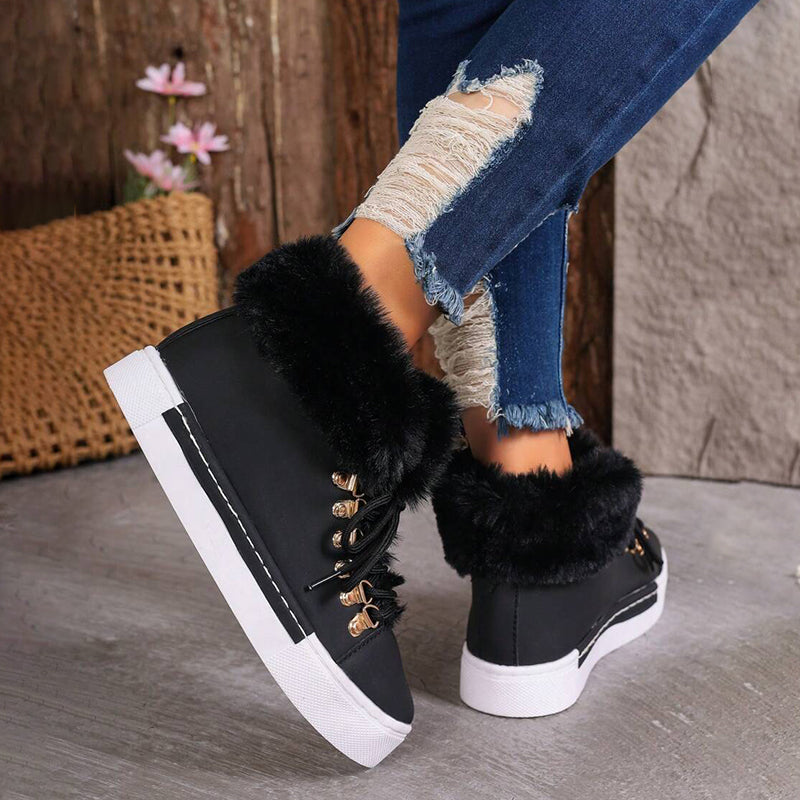 Women's Premium Solid Color Orthopedic Fluffy Boots, Lace Up Warm Soft Boots